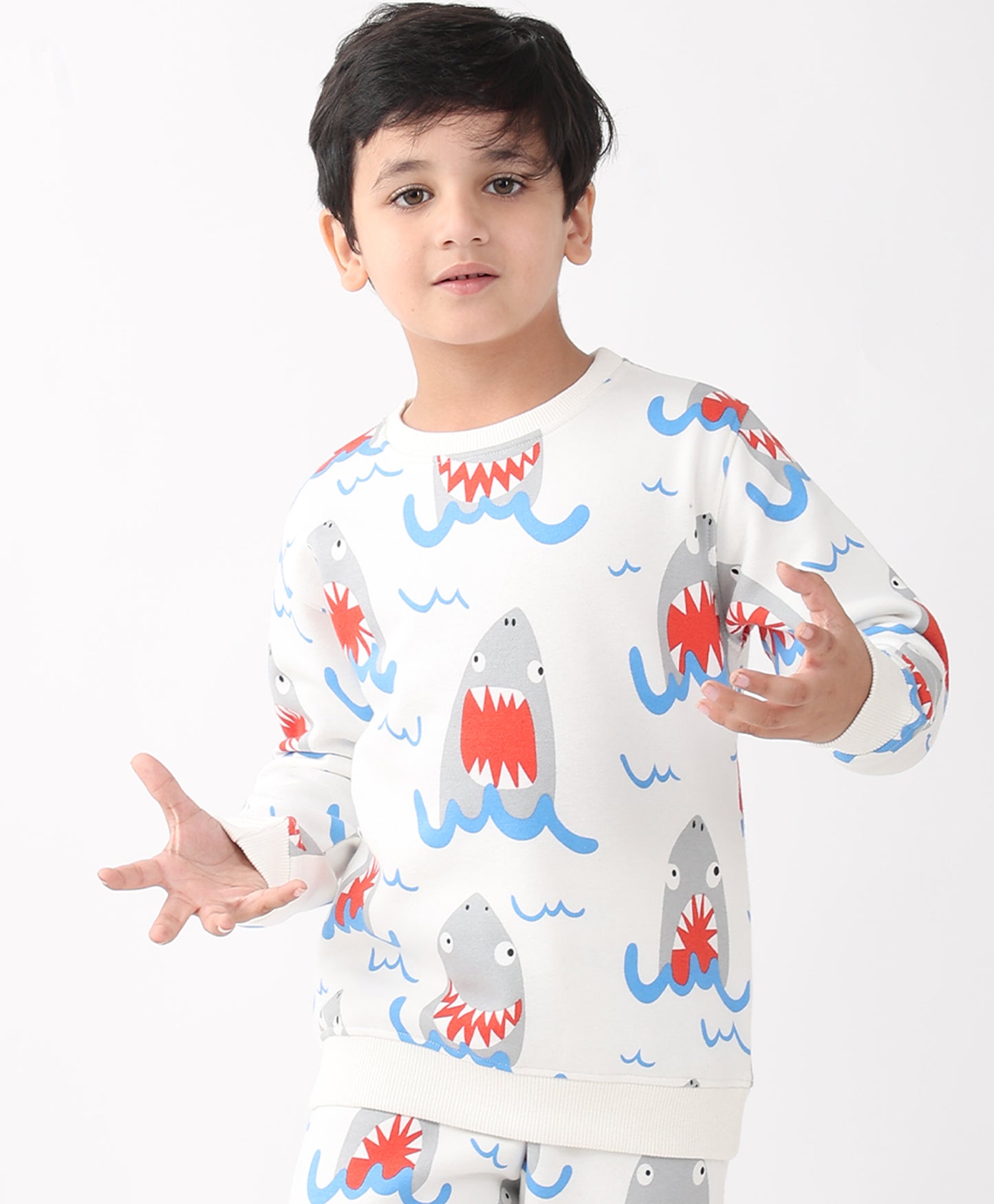SLEEPY SHARK BOYS FLEECE SWEATSHIRT - OFF WHITE