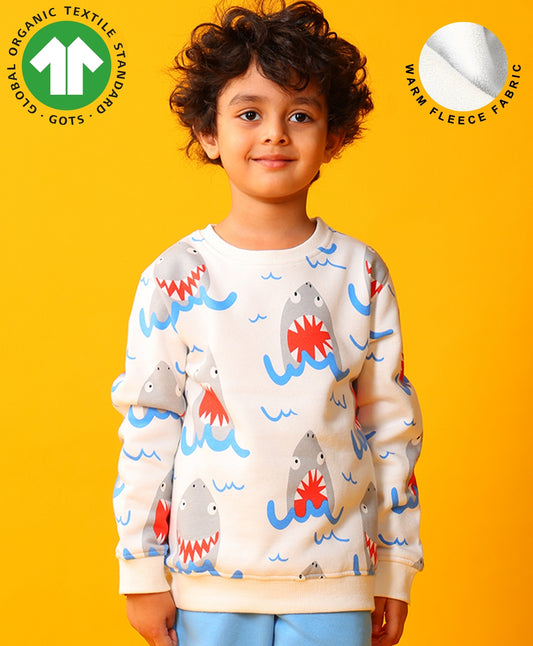 SLEEPY SHARK BOYS FLEECE SWEATSHIRT - OFF WHITE