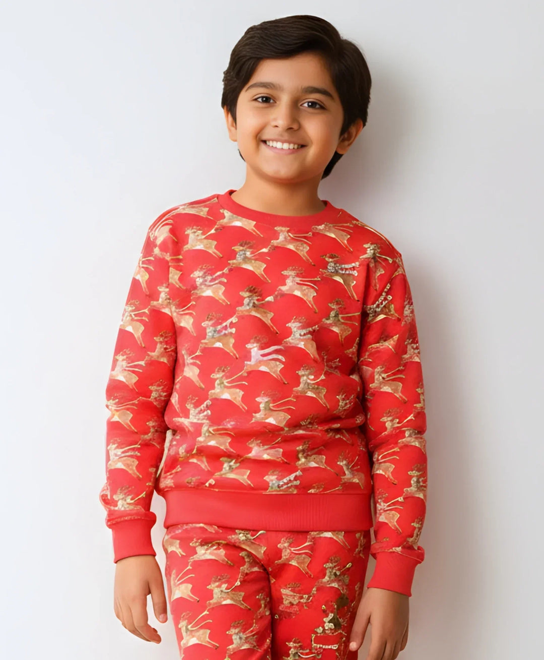 REINDEER PRINT FLEECE BOYS SWEATSHIRT - RED