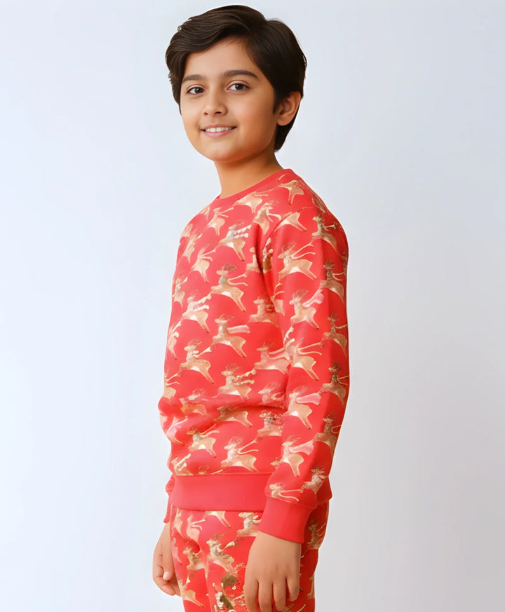 REINDEER PRINT FLEECE BOYS SWEATSHIRT - RED