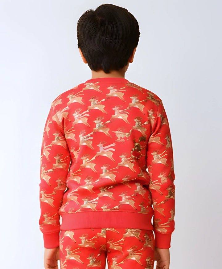 REINDEER PRINT FLEECE BOYS SWEATSHIRT - RED