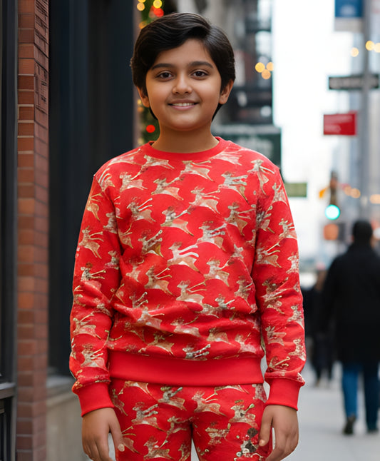 REINDEER PRINT FLEECE BOYS SWEATSHIRT - RED