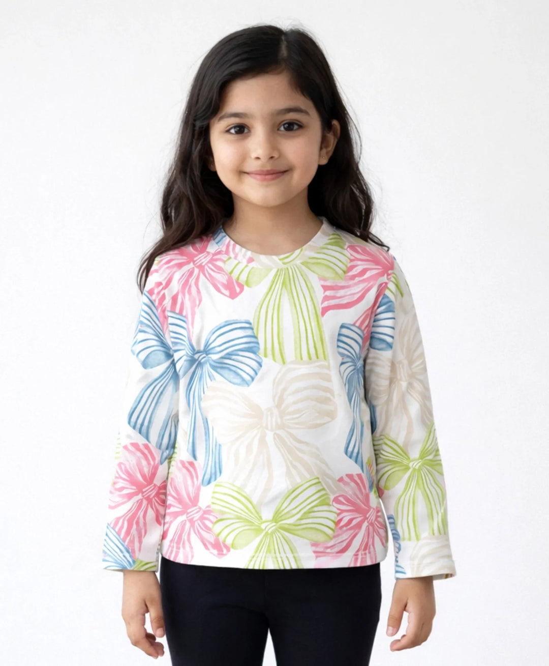Painted Bow Long Sleeve Girls T-Shirt - Off White