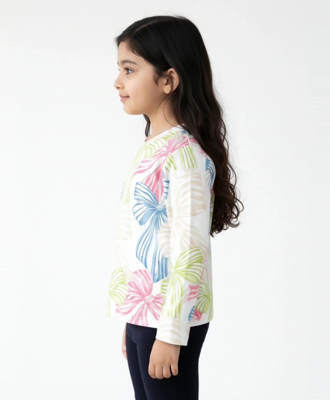 Painted Bow Long Sleeve Girls T-Shirt - Off White