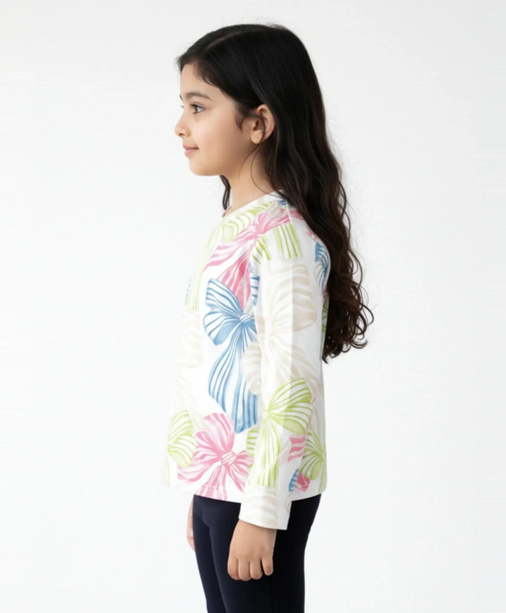 Painted Bow Long Sleeve Girls T-Shirt - Off White