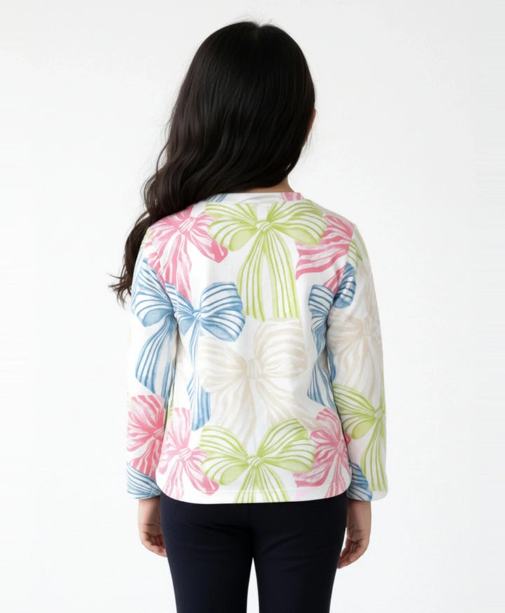 Painted Bow Long Sleeve Girls T-Shirt - Off White