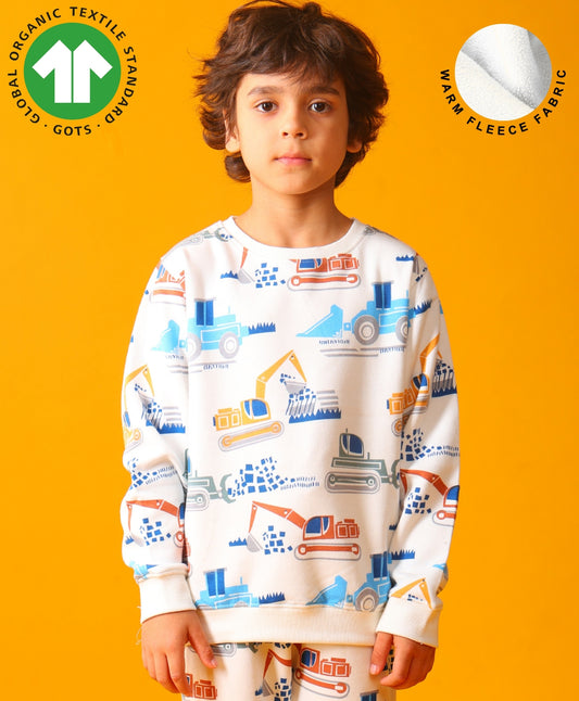 DIGGER PRINT FLEECE BOYS SWEATSHIRT - OFF WHITE