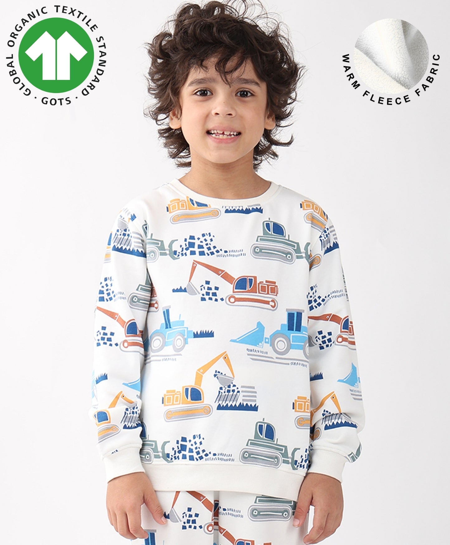 DIGGER PRINT FLEECE BOYS SWEATSHIRT - OFF WHITE