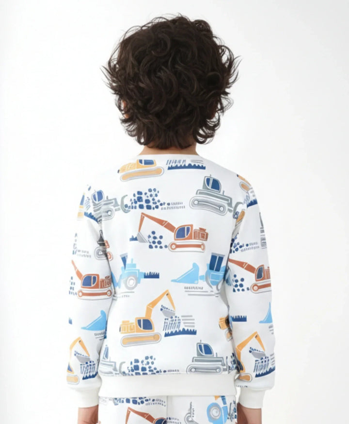 DIGGER PRINT FLEECE BOYS SWEATSHIRT - OFF WHITE - Anthrilo 