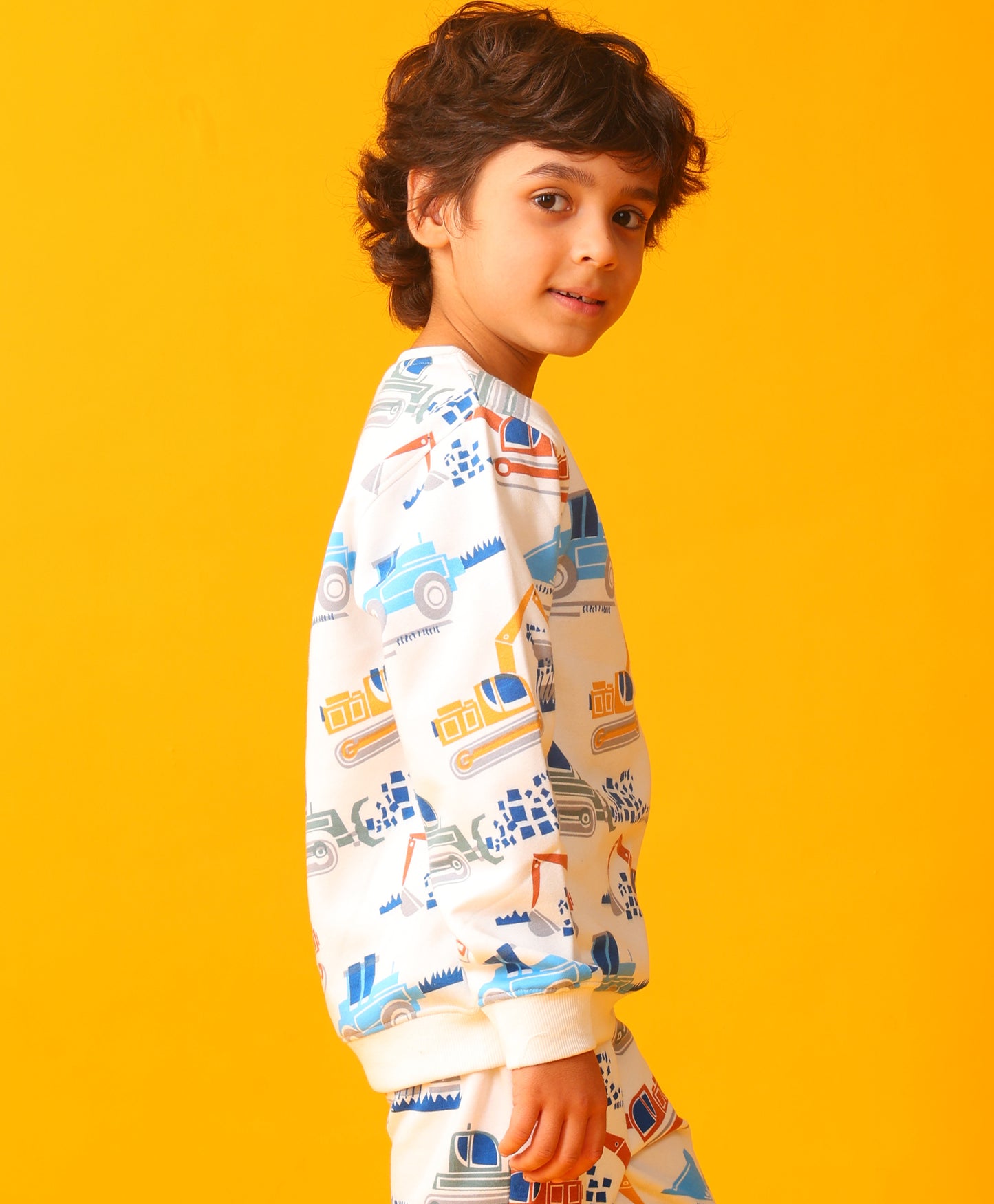 DIGGER PRINT FLEECE BOYS SWEATSHIRT - OFF WHITE