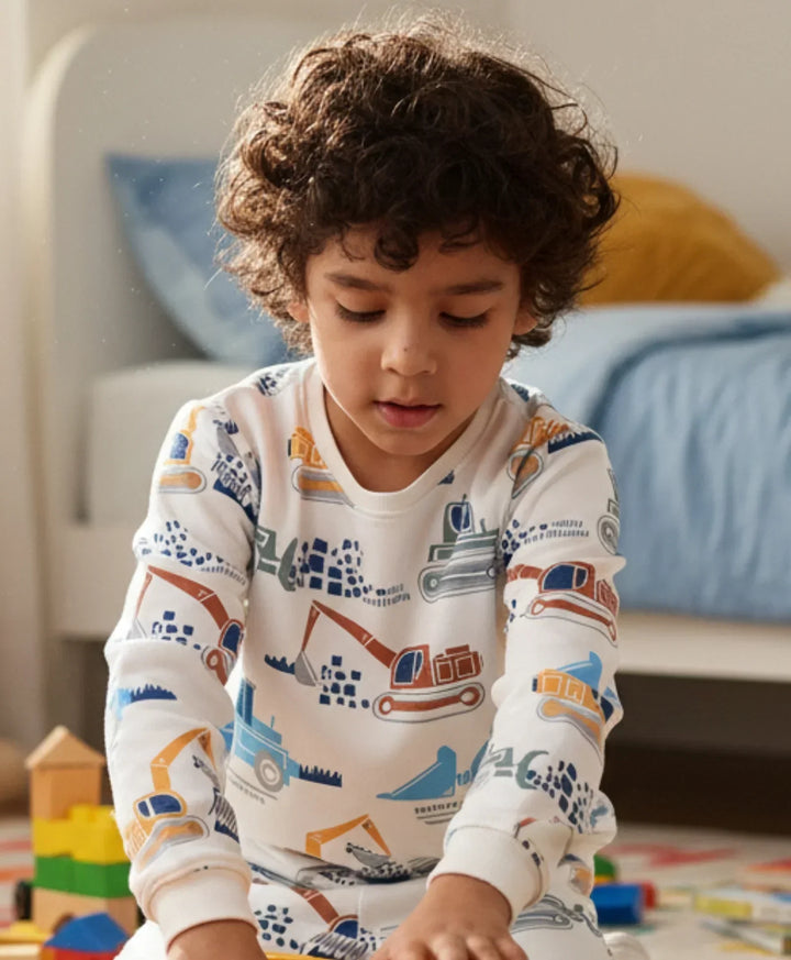 DIGGER PRINT FLEECE BOYS SWEATSHIRT - OFF WHITE - Anthrilo 