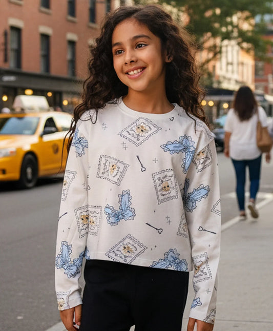 BOW KEY CAT LONG SLEEVE GIRLS T-SHIRT - WHITE