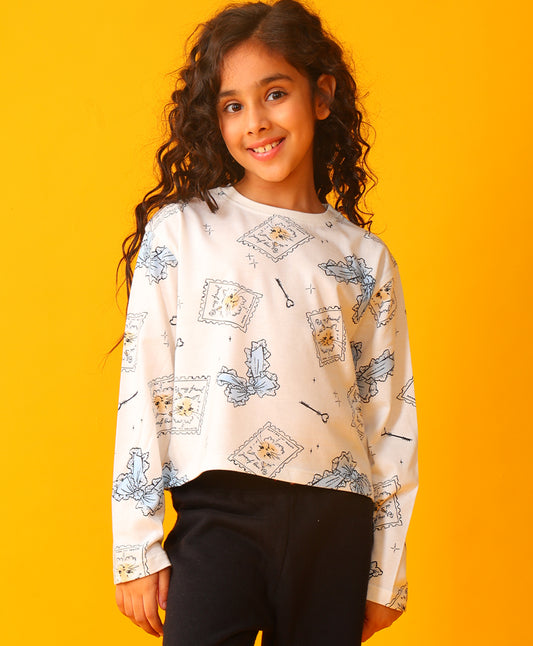 BOW KEY CAT LONG SLEEVE GIRLS T-SHIRT - WHITE