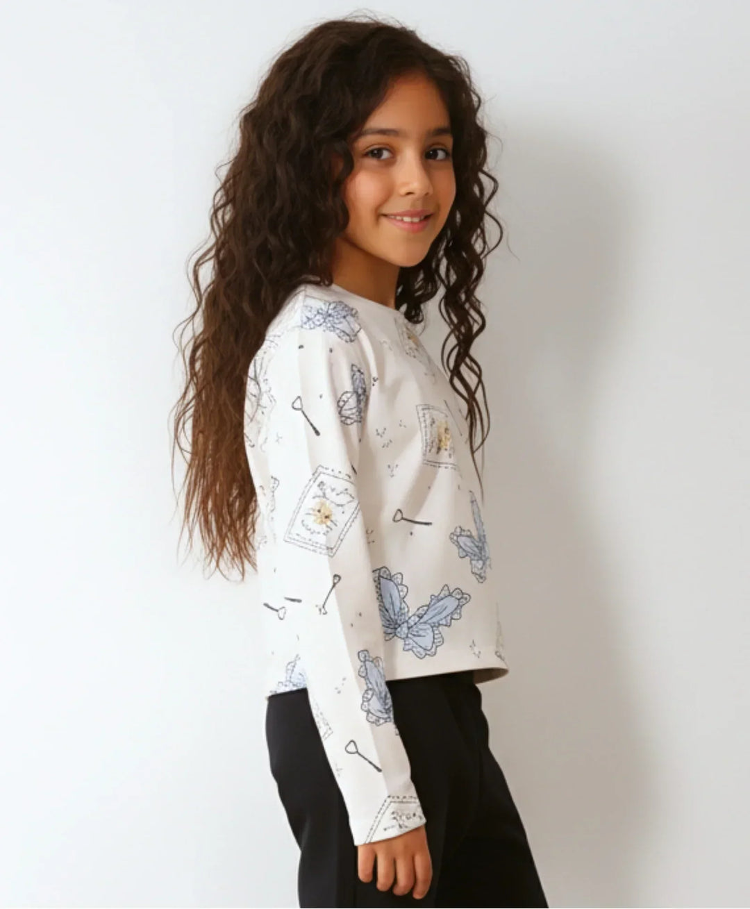 BOW KEY CAT LONG SLEEVE GIRLS T-SHIRT - WHITE - Anthrilo 