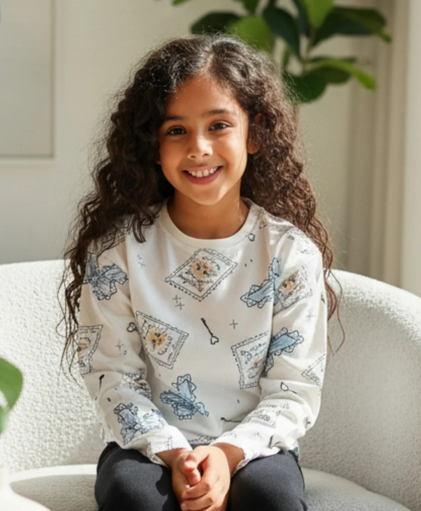 BOW KEY CAT LONG SLEEVE GIRLS T-SHIRT - WHITE