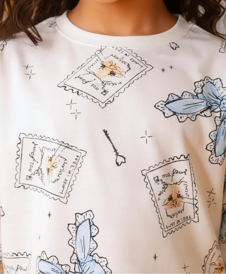 BOW KEY CAT LONG SLEEVE GIRLS T-SHIRT - WHITE - Anthrilo 