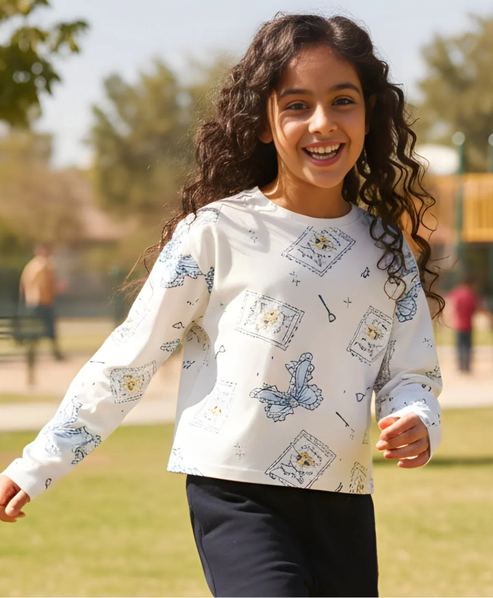 BOW KEY CAT LONG SLEEVE GIRLS T-SHIRT - WHITE - Anthrilo 