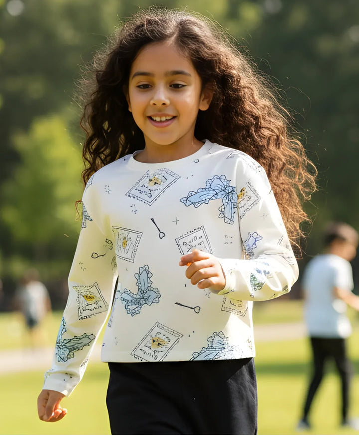 BOW KEY CAT LONG SLEEVE GIRLS T-SHIRT - WHITE - Anthrilo 