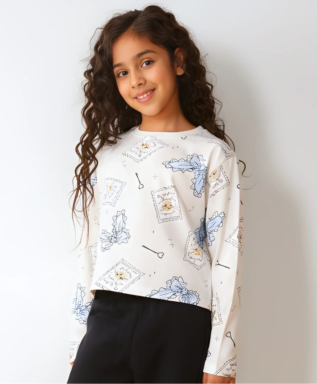 BOW KEY CAT LONG SLEEVE GIRLS T-SHIRT - WHITE - Anthrilo 