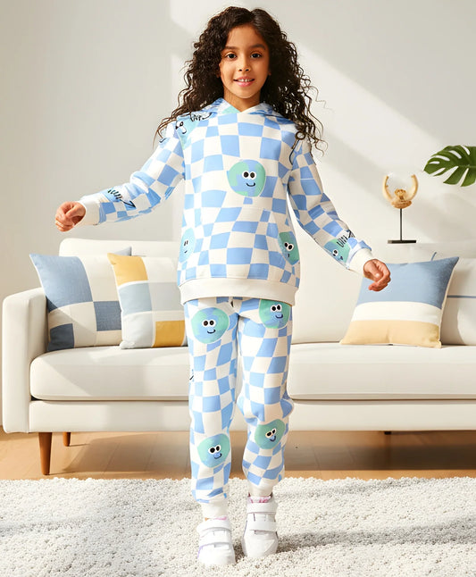 GLOBE CHECK GIRLS FLEECE HOODIE JOGGER SET - BLUE