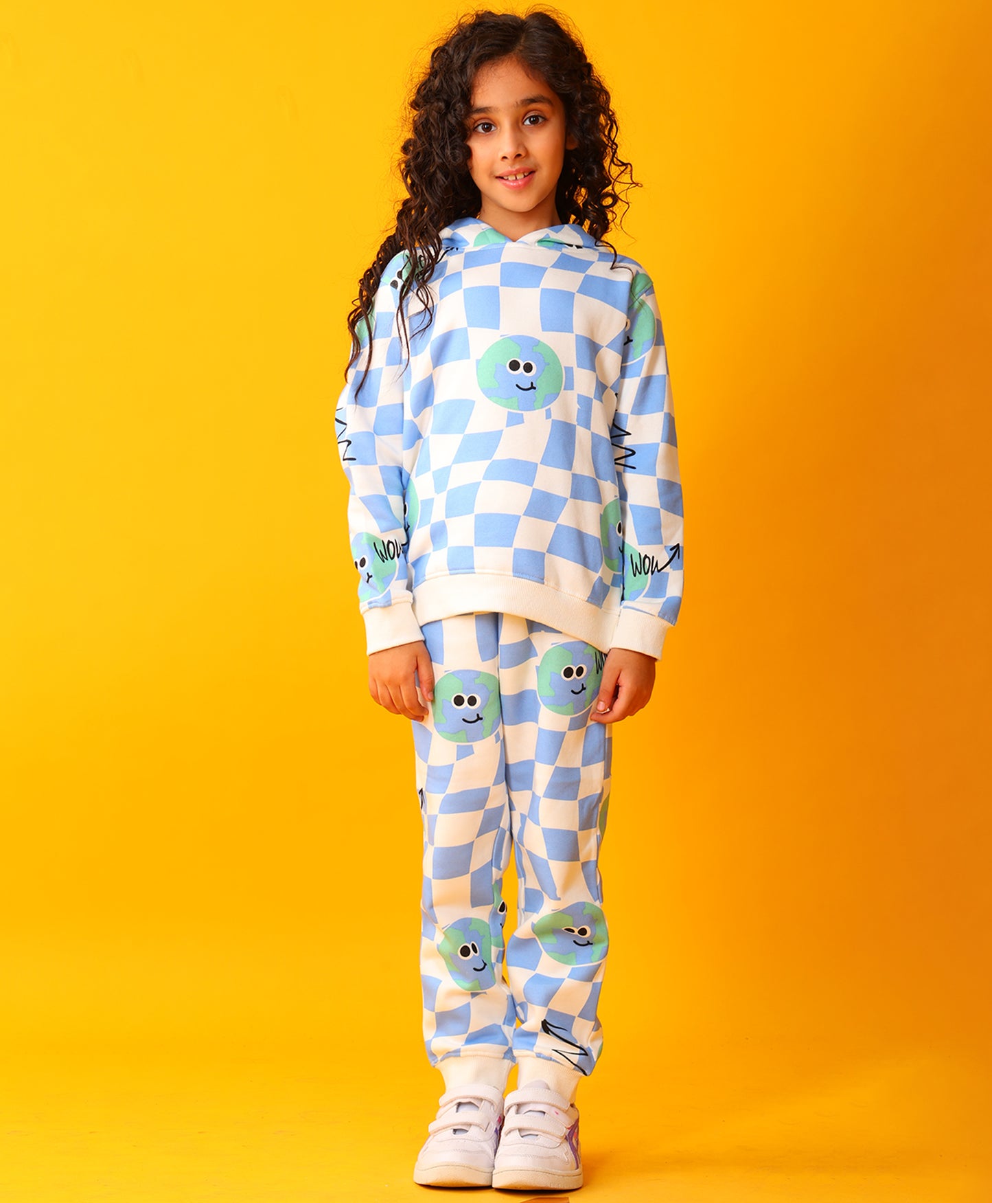 GLOBE CHECK GIRLS FLEECE HOODIE JOGGER SET - BLUE