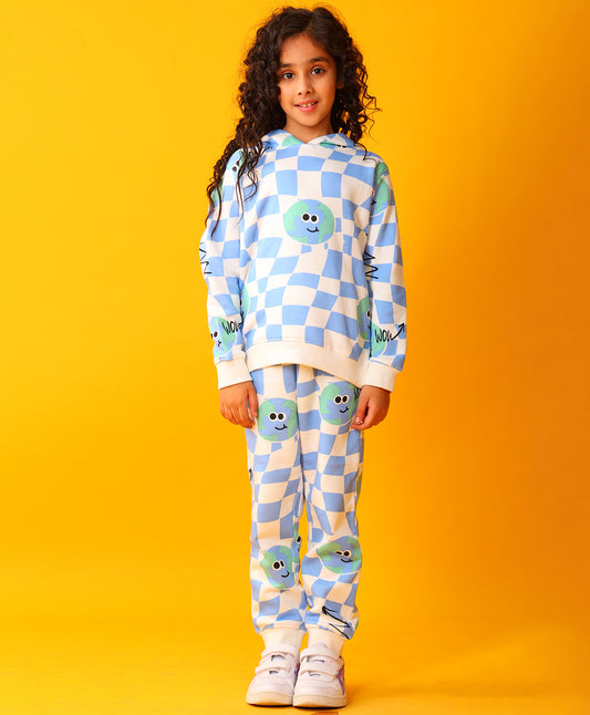 GLOBE CHECK GIRLS FLEECE HOODIE JOGGER SET - BLUE