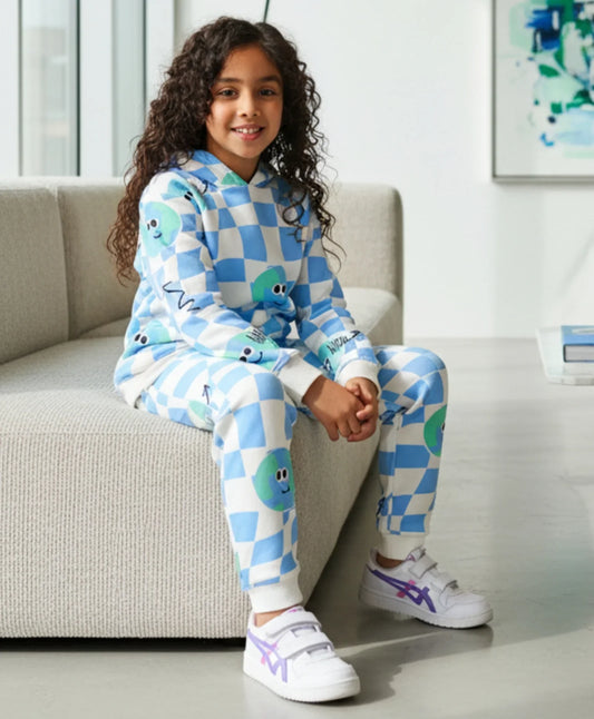 GLOBE CHECK GIRLS FLEECE HOODIE JOGGER SET - BLUE