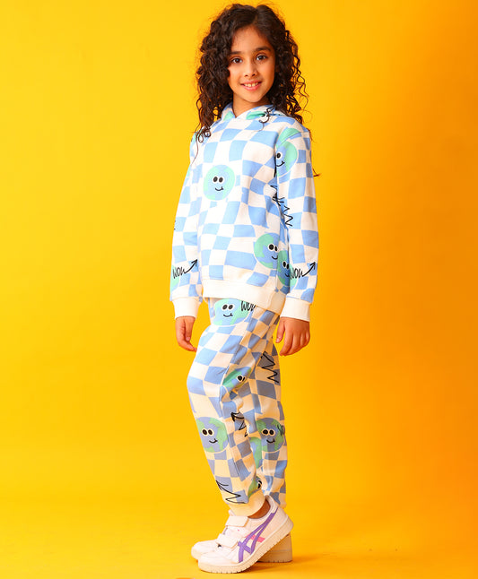 GLOBE CHECK GIRLS FLEECE HOODIE JOGGER SET - BLUE