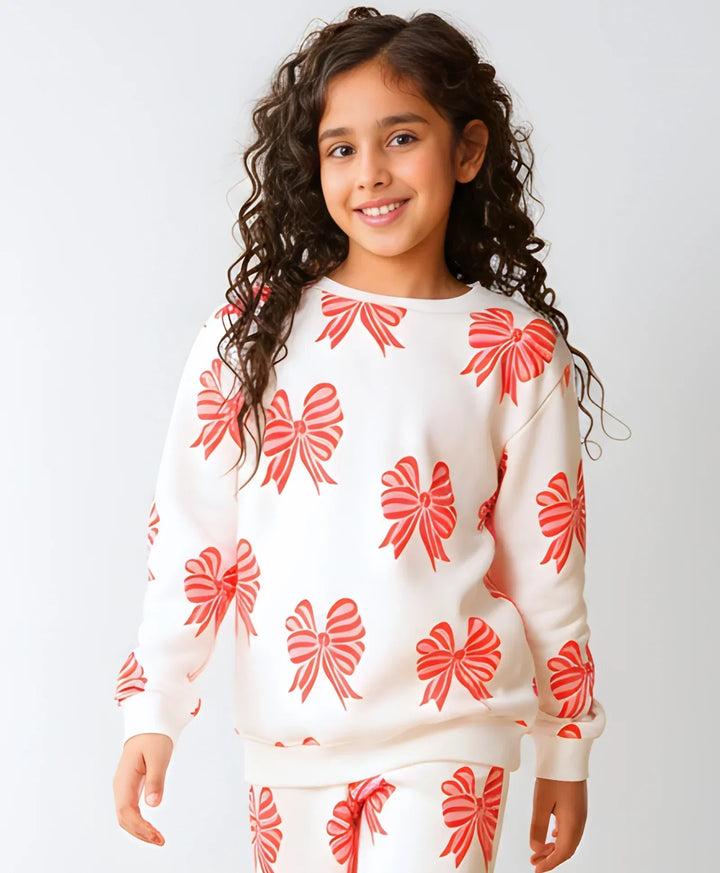 PINK BOW FLEECE GIRLS SWEATSHIRT - OFF WHITE - Anthrilo 