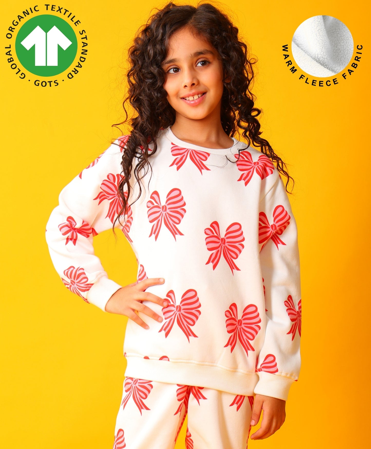 PINK BOW FLEECE GIRLS SWEATSHIRT - OFF WHITE