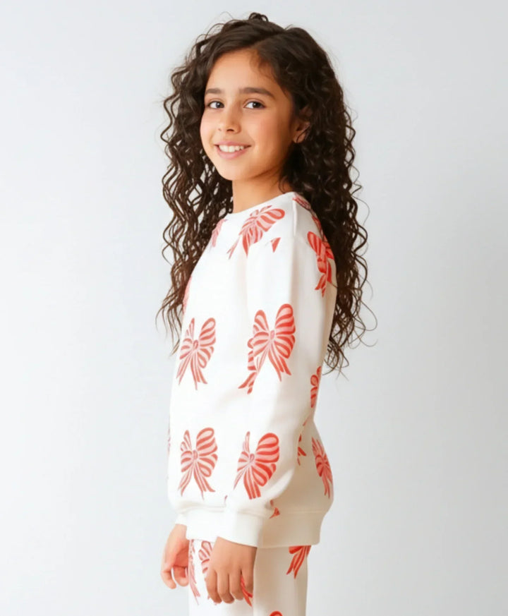 PINK BOW FLEECE GIRLS SWEATSHIRT - OFF WHITE - Anthrilo 