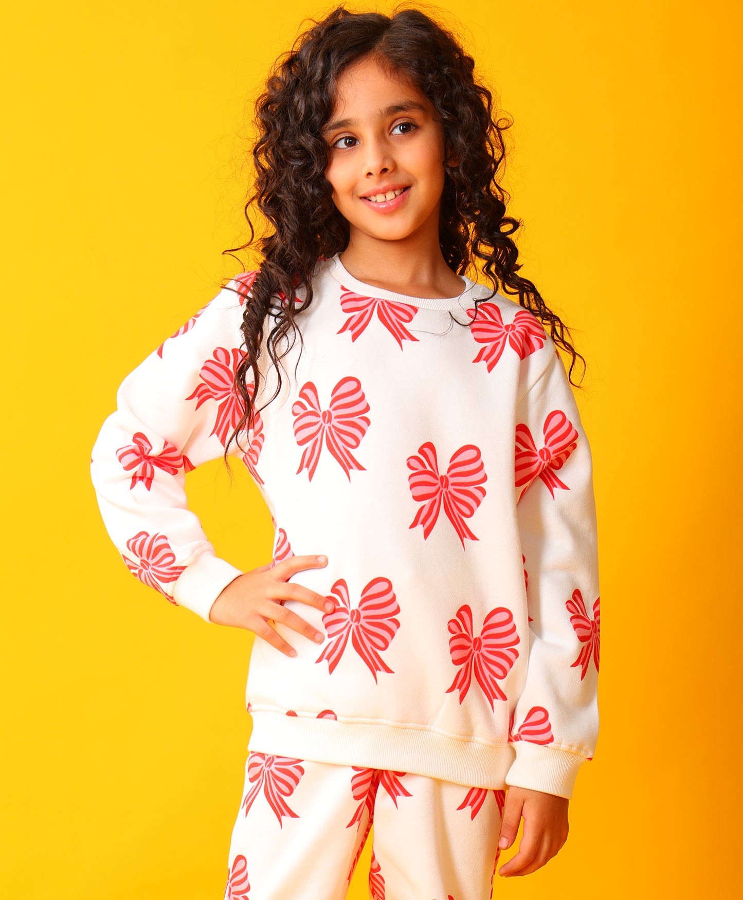 PINK BOW FLEECE GIRLS SWEATSHIRT - OFF WHITE