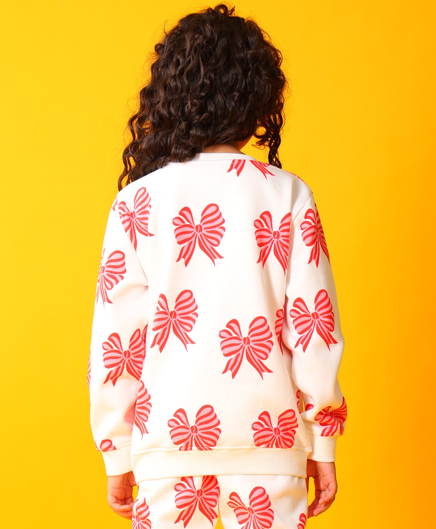 PINK BOW FLEECE GIRLS SWEATSHIRT - OFF WHITE