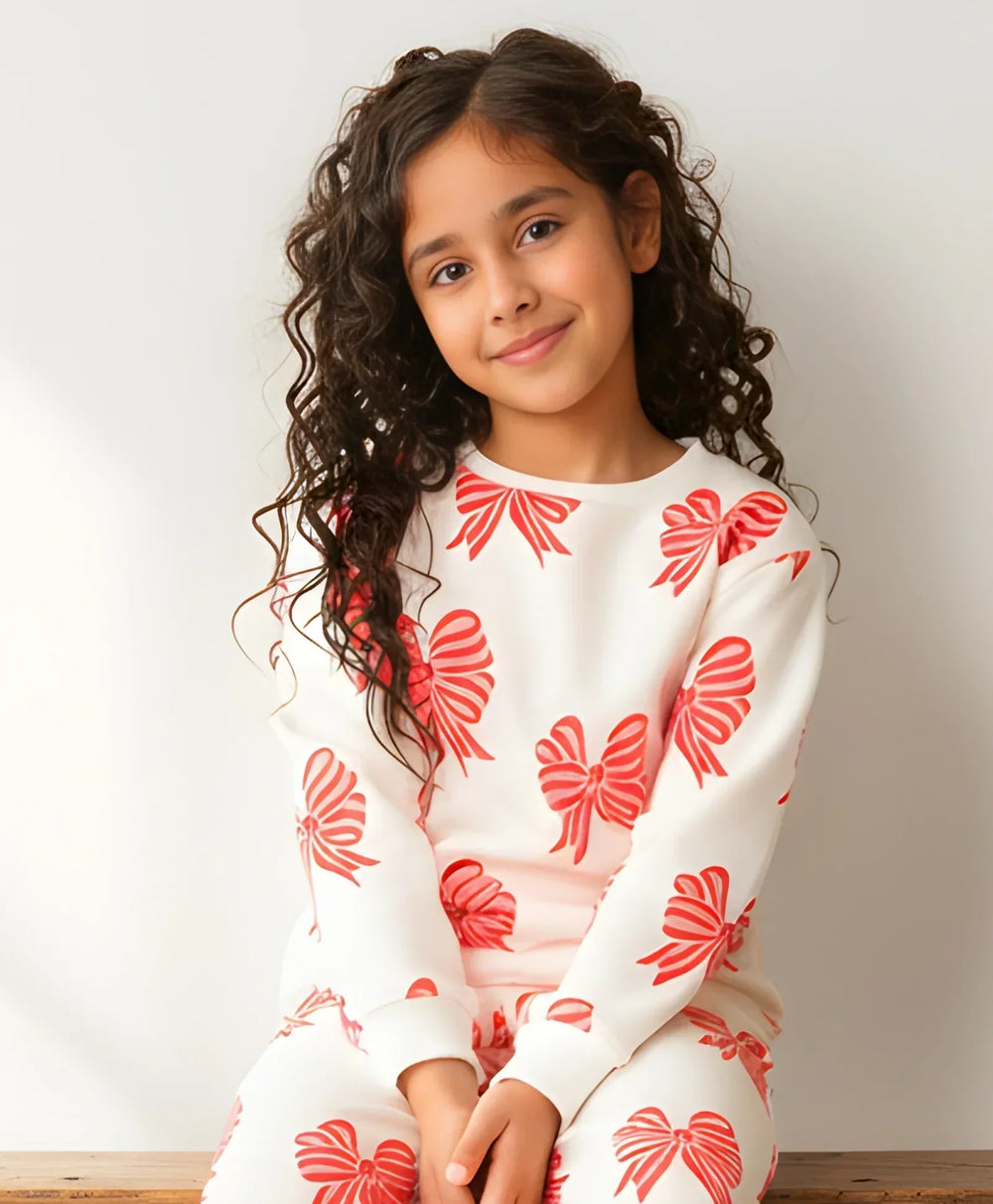 PINK BOW FLEECE GIRLS SWEATSHIRT - OFF WHITE - Anthrilo 