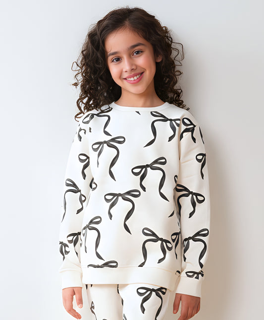 BLACK BOW FLEECE GIRLS SWEATSHIRT - OFF WHITE