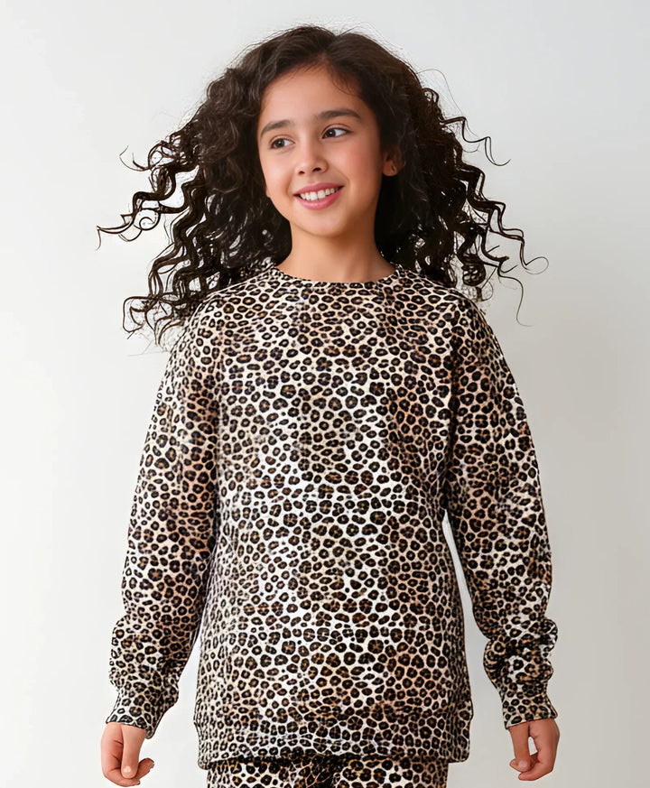 LEOPARD GIRLS FLEECE SWEATSHIRT - BROWN - Anthrilo 