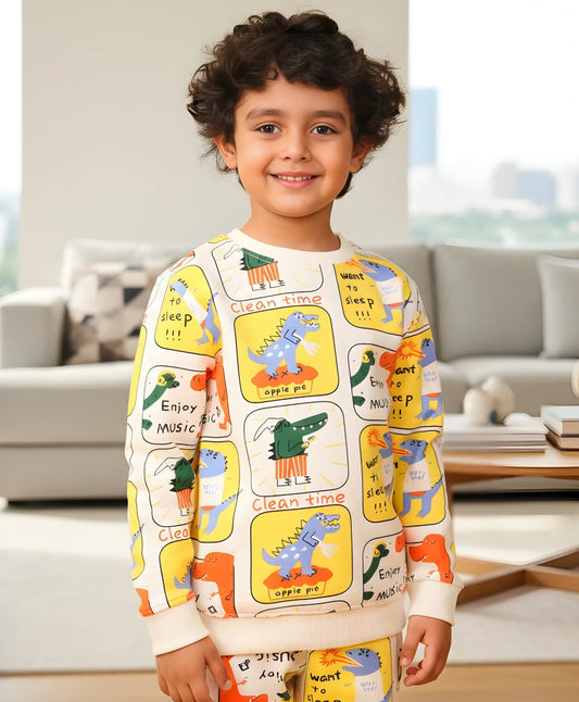DINOSAUR STAMP FLEECE BOYS SWEATSHIRT - WHITE