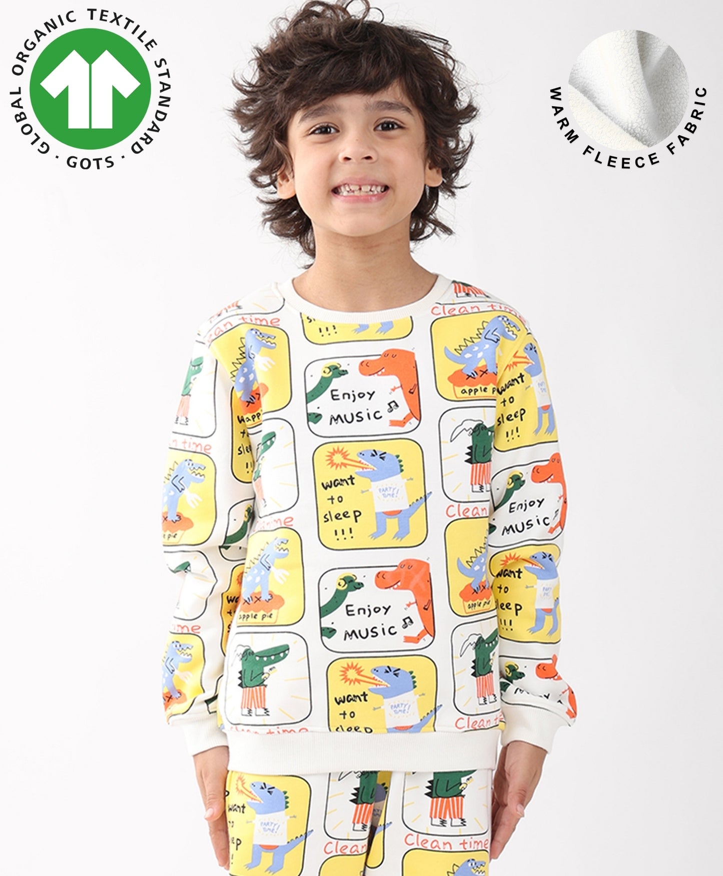 DINOSAUR STAMP FLEECE BOYS SWEATSHIRT - WHITE