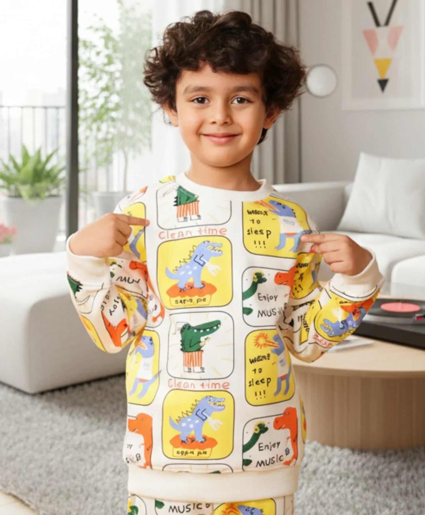 DINOSAUR STAMP FLEECE BOYS SWEATSHIRT - WHITE