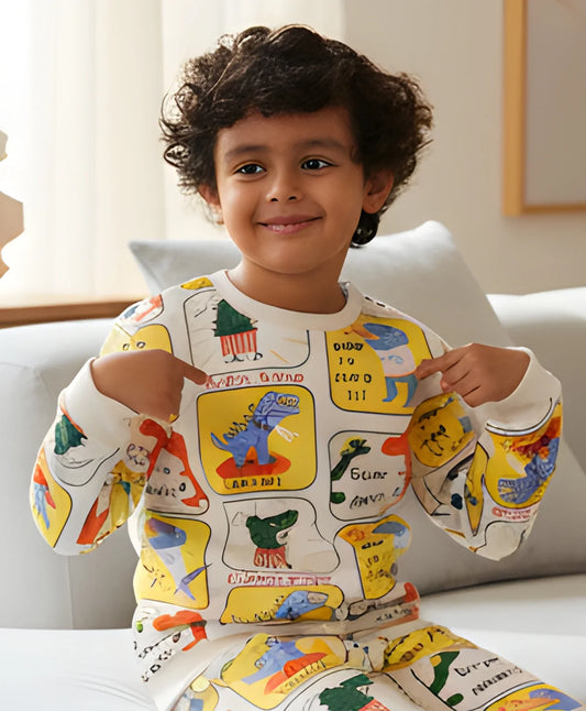 DINOSAUR STAMP FLEECE BOYS SWEATSHIRT - WHITE