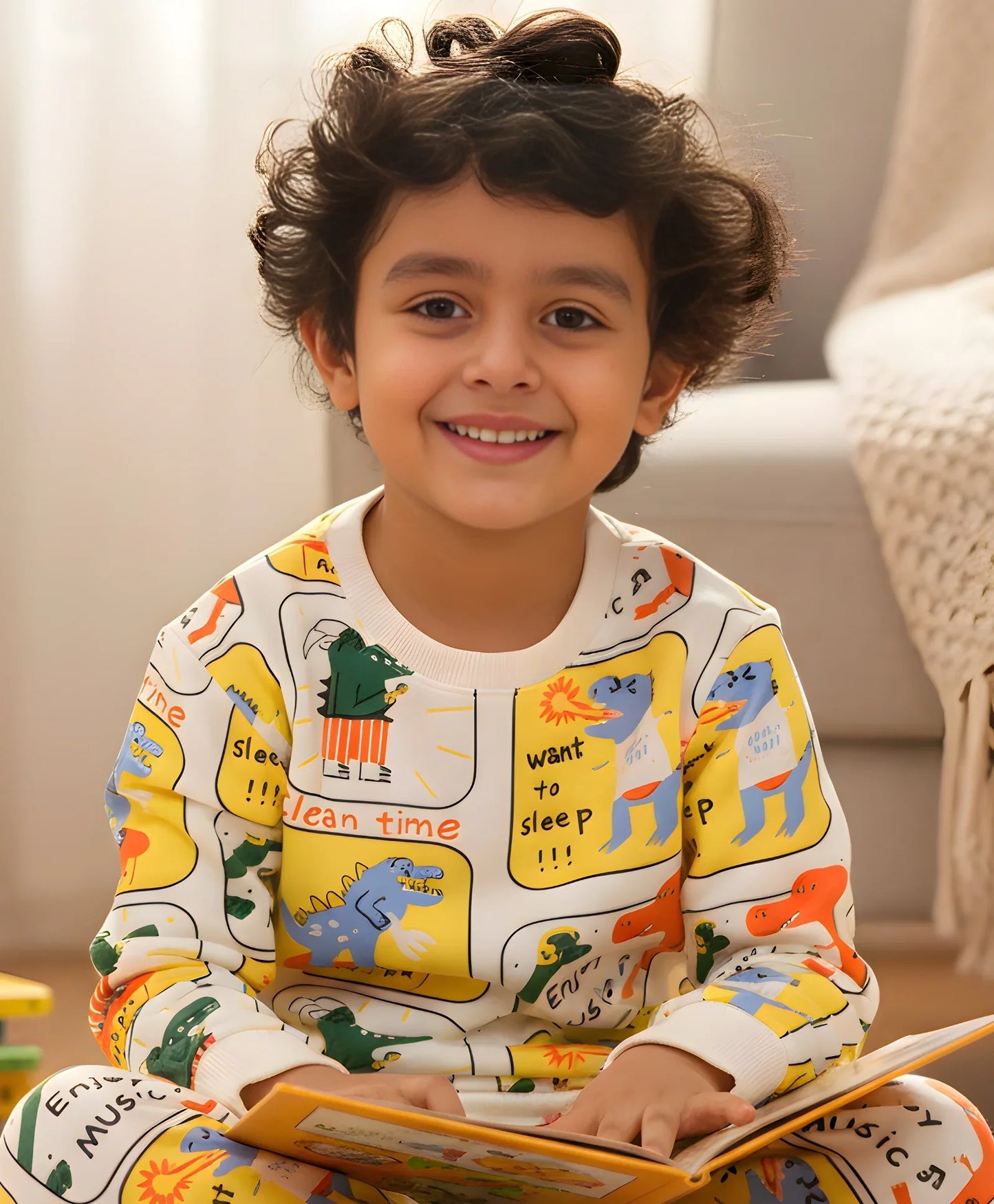 DINOSAUR STAMP FLEECE BOYS SWEATSHIRT - WHITE