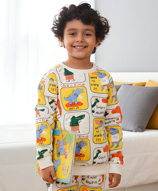 DINOSAUR STAMP FLEECE BOYS SWEATSHIRT - WHITE