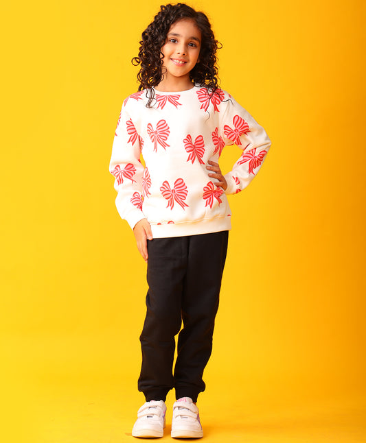 BOW PINK GIRLS FLEECE BLACK SWEATSHIRT JOGGER SET - WHITE/BLACK