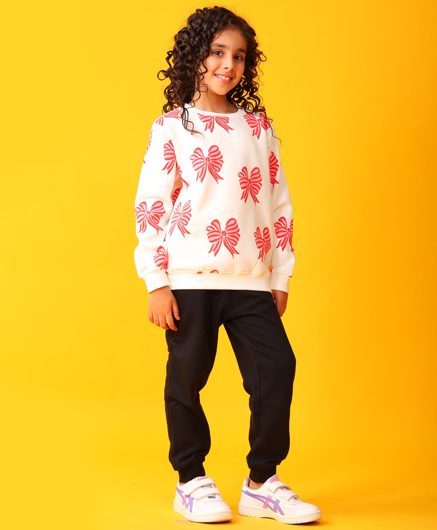 BOW PINK GIRLS FLEECE BLACK SWEATSHIRT JOGGER SET - WHITE/BLACK