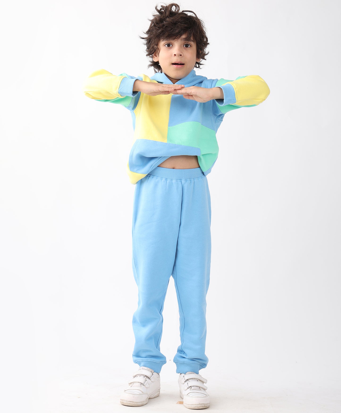 YELLOW SEA GREEN BLUE COLOR BLOCK HOODIE JOGGER SET - YELLOW SEA GREEN