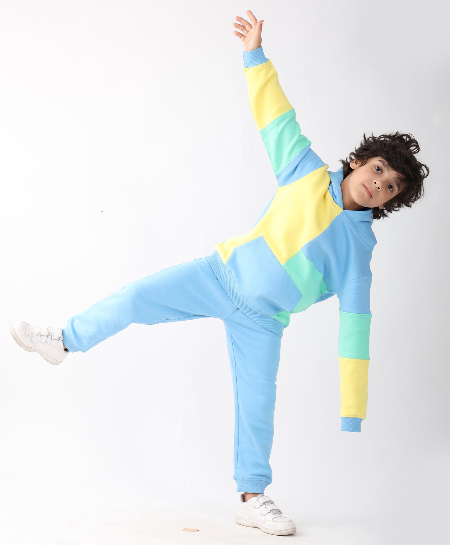 YELLOW SEA GREEN BLUE COLOR BLOCK HOODIE JOGGER SET - YELLOW SEA GREEN