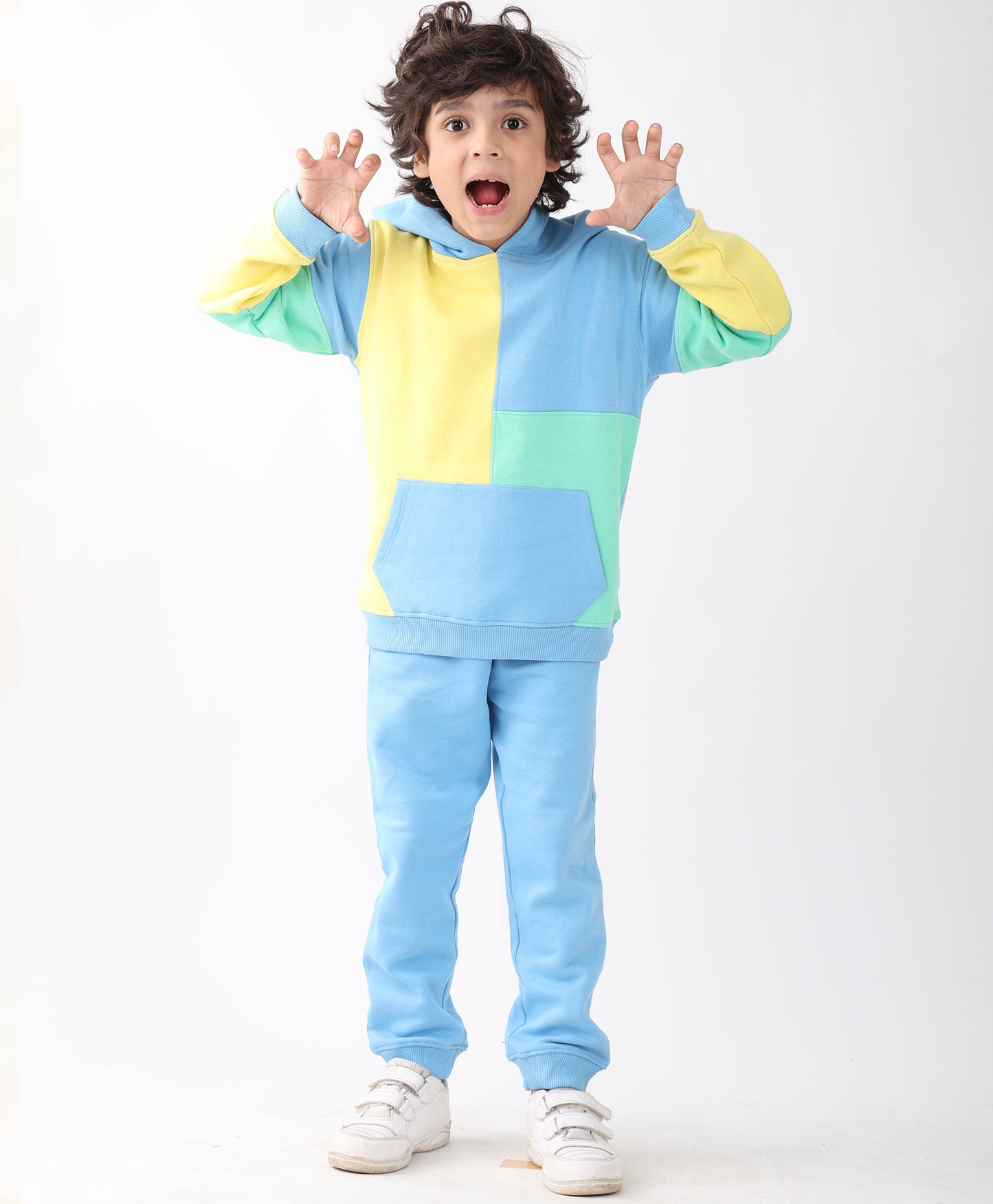 YELLOW SEA GREEN BLUE COLOR BLOCK HOODIE JOGGER SET - YELLOW SEA GREEN