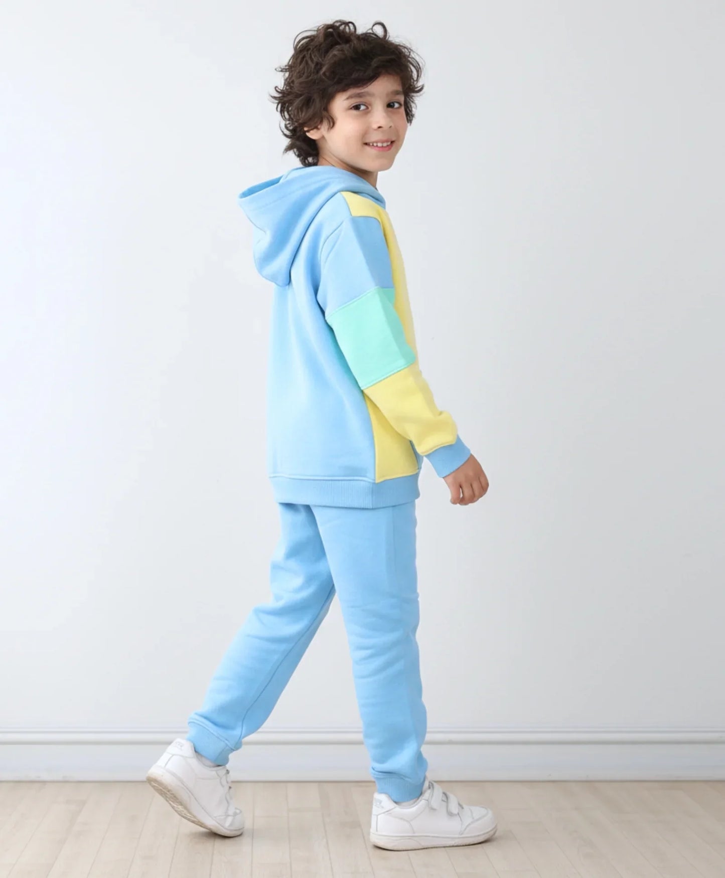 YELLOW SEA GREEN BLUE COLOR BLOCK HOODIE JOGGER SET - YELLOW SEA GREEN