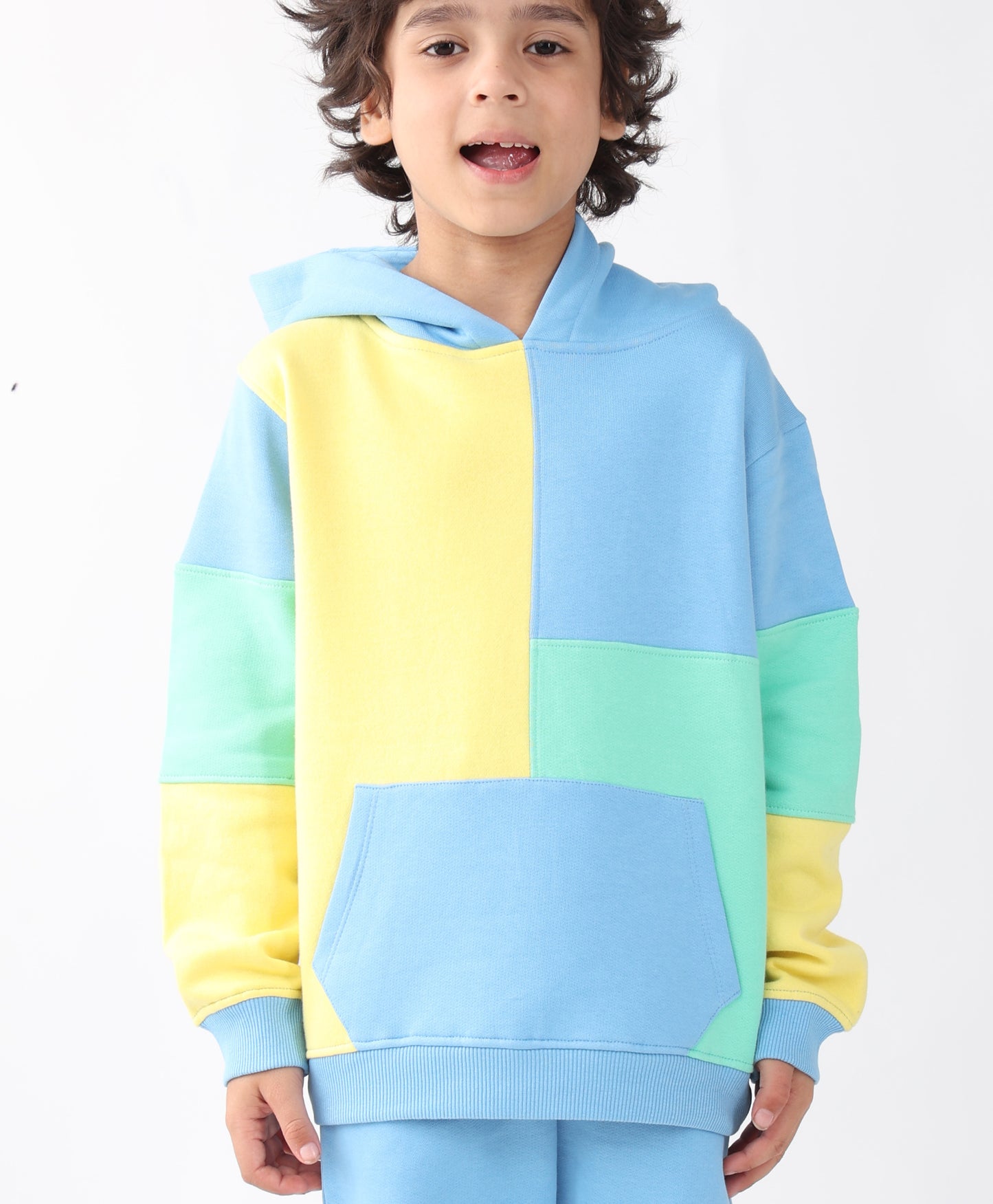 YELLOW SEA GREEN BLUE COLOR BLOCK HOODIE JOGGER SET - YELLOW SEA GREEN