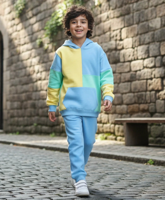 YELLOW SEA GREEN BLUE COLOR BLOCK HOODIE JOGGER SET - YELLOW SEA GREEN